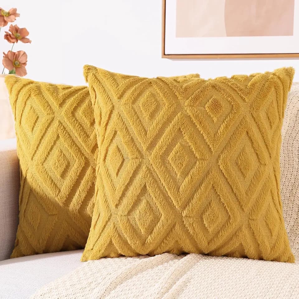 decorUhome Fall Faux Fur Mustard Yellow Throw Pillow Covers 16x16 Set of 2