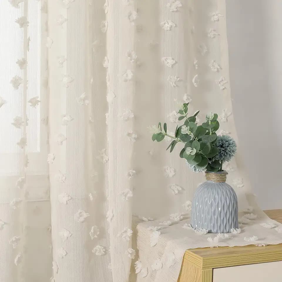 MYSKY HOME Beige Boho Sheer Curtains with Cream Pom Pom 50Wx84L,2 Panels