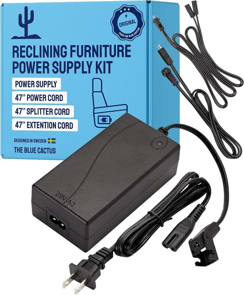The Blue Cactus Company Reclining Furniture Power Supply Kit - 2-Pin Furniture Connector, Power Supply, 47" Extension, Splitter & Power Cord - Replacement Kit for Recliner Chair Outlet