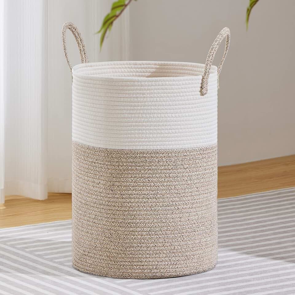 VIPOSCO 72L Tall Woven Laundry Basket Hamper, White Brown
