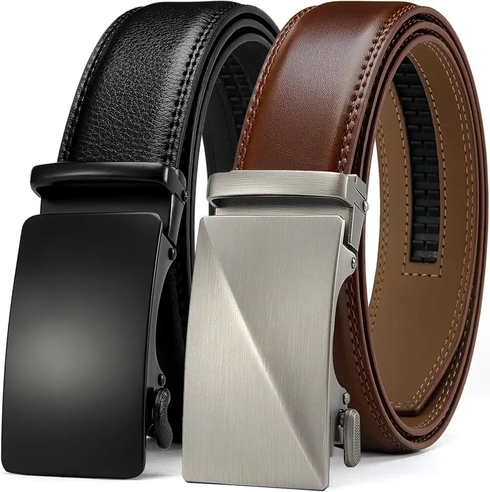 DOOPAI Men's Genuine Leather Ratchet Belts, 2 Pack, 1 3/8" Wide, Adjustable