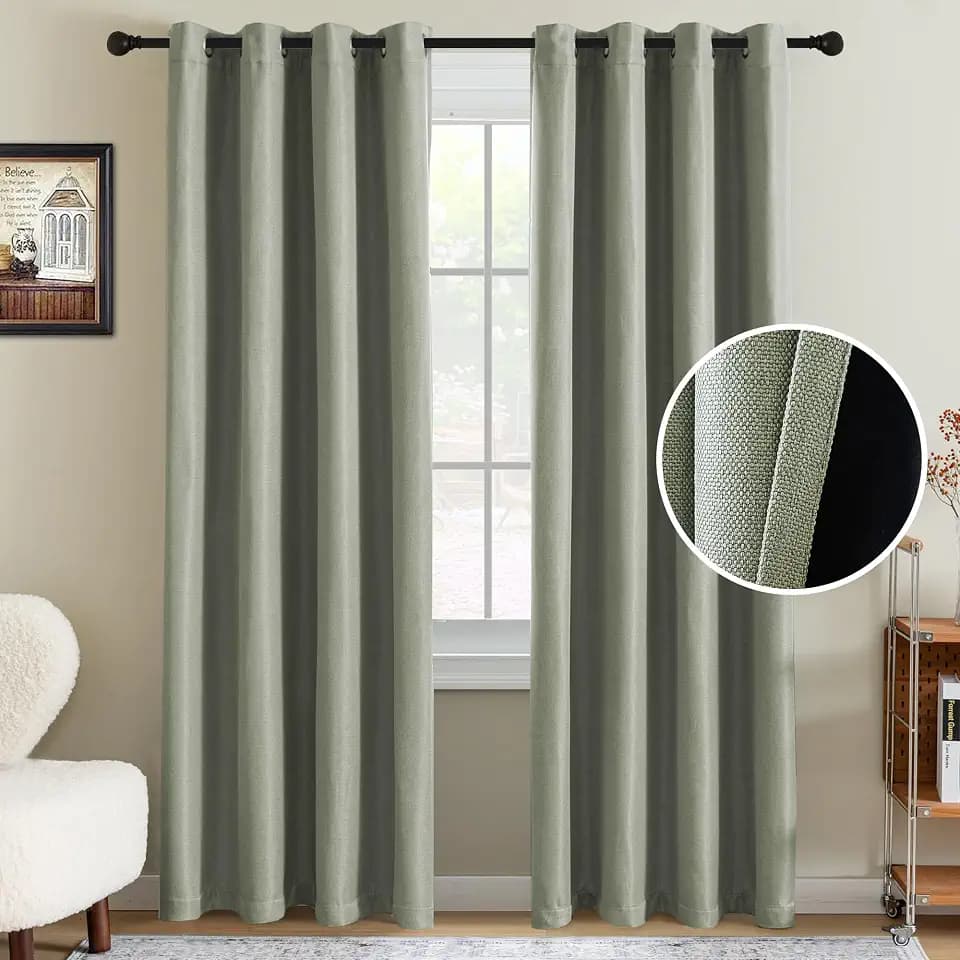 H.VERSAILTEX 95% Blackout Linen Curtains 96 Inches Long for Bedroom/Living Room Thermal Insulated Grommet Curtain Drapes Primitive Textured Burlap Effect Window Drapes 1 Panel - Heather Sage/Black