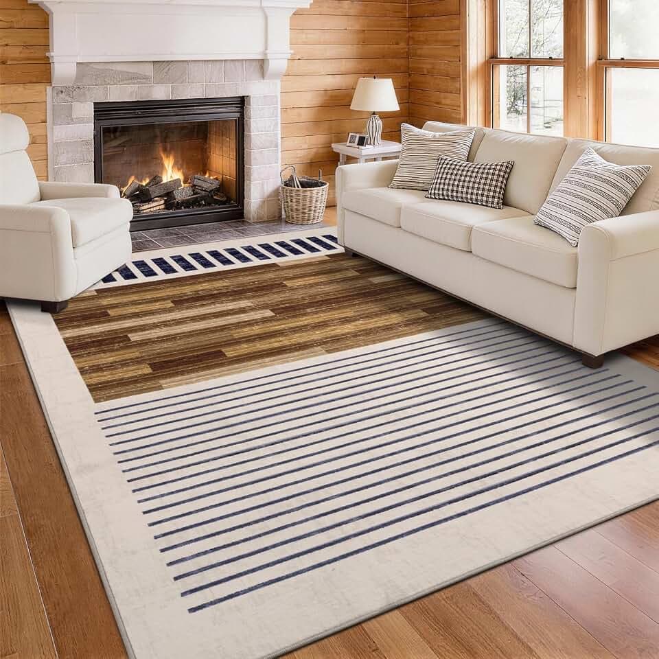 5x7 Washable Area Rug for Living Room, Modern Geometric, White Brown Black