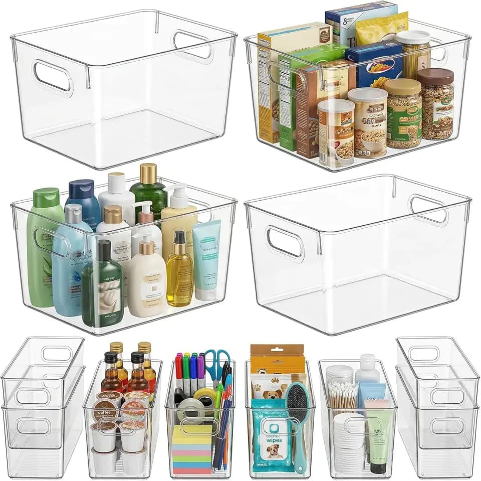 MOONEDGE Set of 12 Clear Plastic Storage Organizer Bins, 4 Large & 8 Small