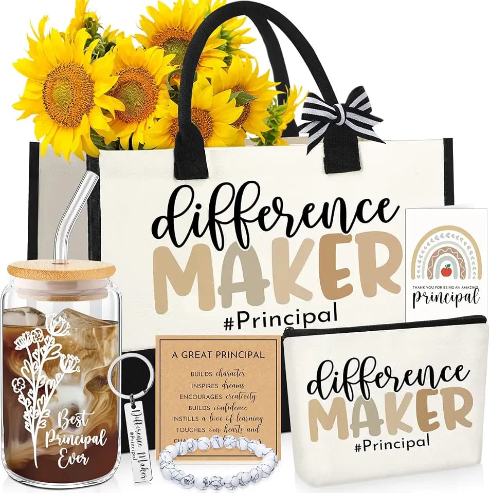 8 Pcs Principal Appreciation Gift for Women Men Difference Maker Tote Bag Cup with Lid Straw Makeup Bag Card for Assistant Principal School Graduation Retirement Gift(White)