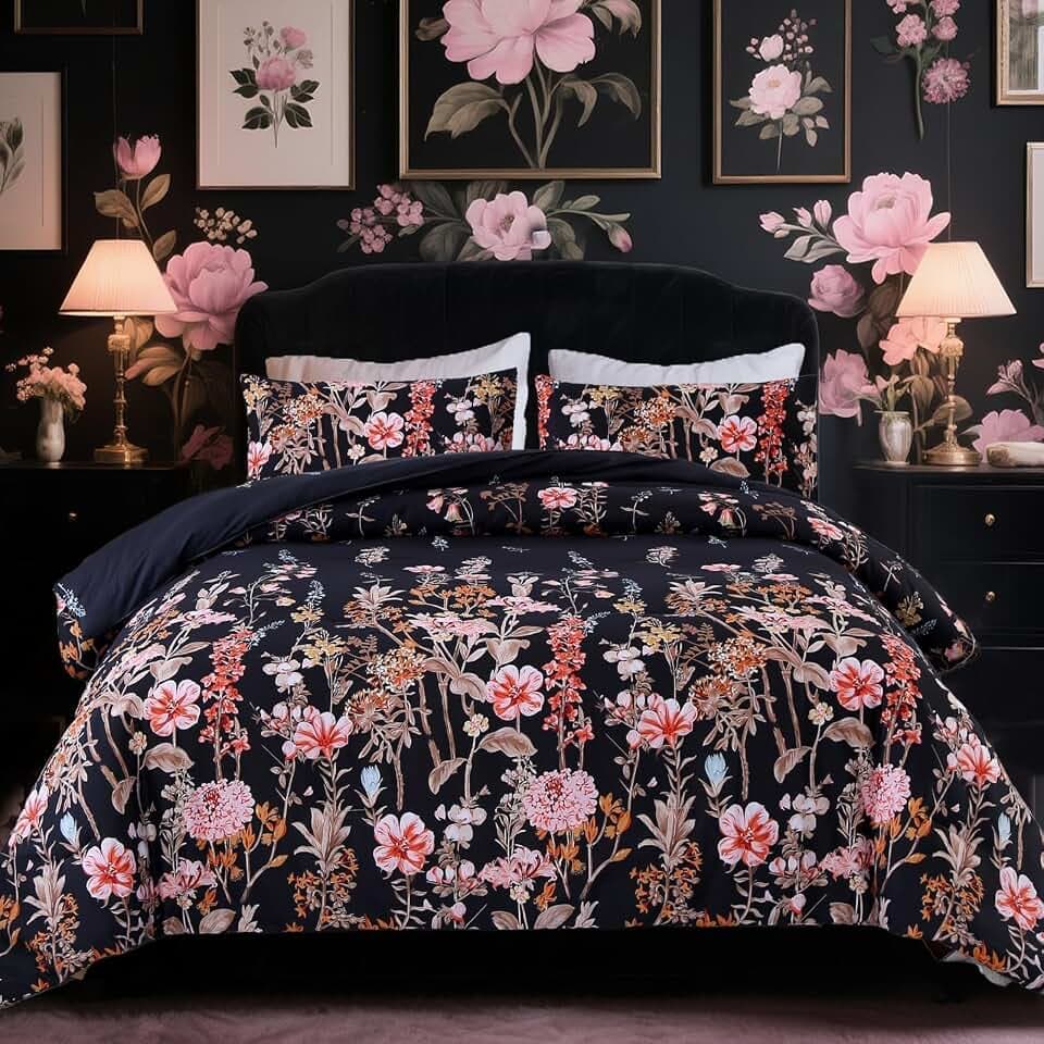MAG 3Pcs Floral Comforter Set Full Size,Boho Full Bedding Comforter Sets with Microfiber,Black Vintage Floral Bed in a Bag Set With 1Comforter+2Pillowcases,Elegant and Luxury,Home Decor for Girl Women