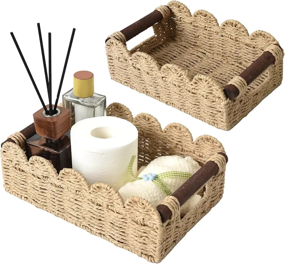 Cute Scalloped Storage Basket, Wicker Basket with Handles(Set of 2)