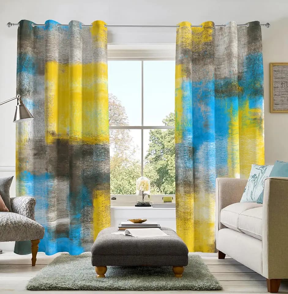 Blue Yellow Abstract Curtains for Living Room Bedroom, 52W x 84L, 2 Panels