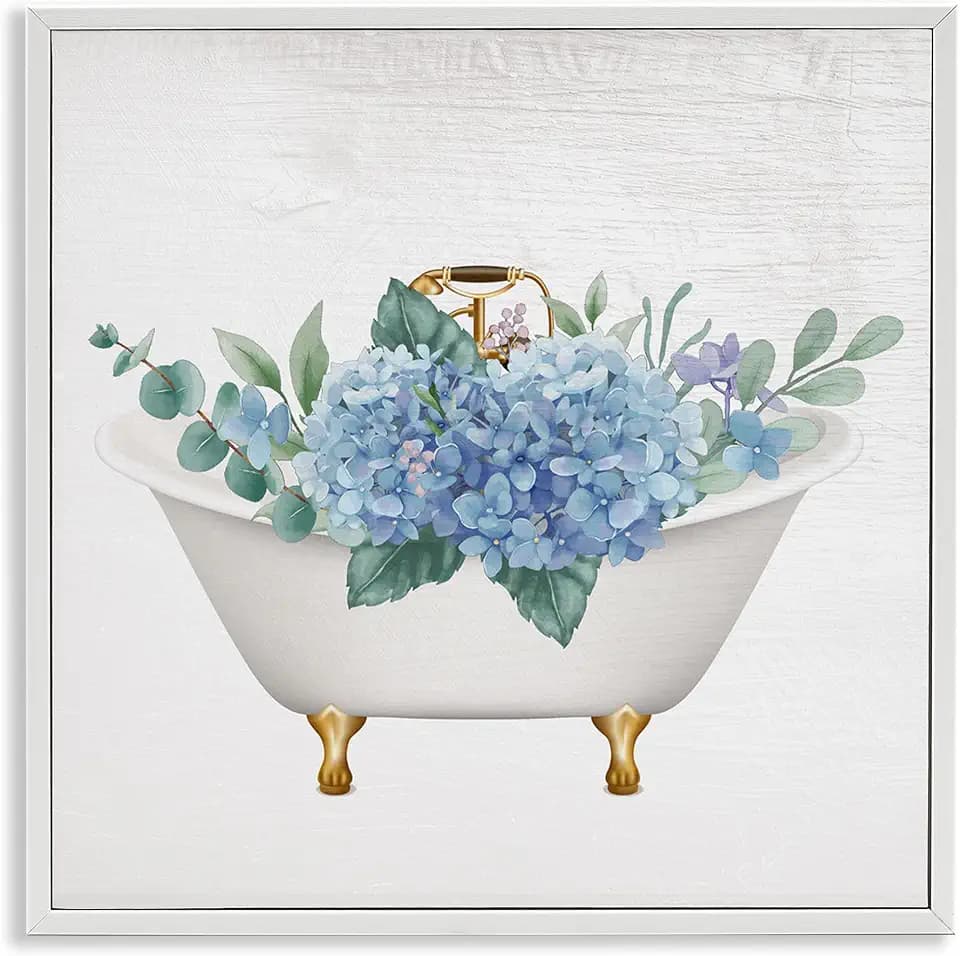 'Chic Bathtub with Hydrangea Blossoms'| Framed Giclee Art