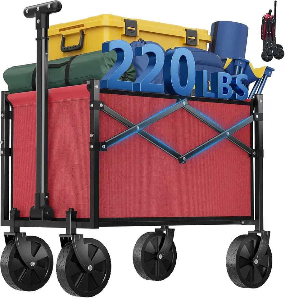 OLIXIS Collapsible Wagon Cart with Wheels 220 lbs Capacity, Heavy Duty Mini Foldable Portable Wagon with Adjustable Handle, Small Foldable Cart for Camping, Garden, Sports, Beach, Shopping - Red