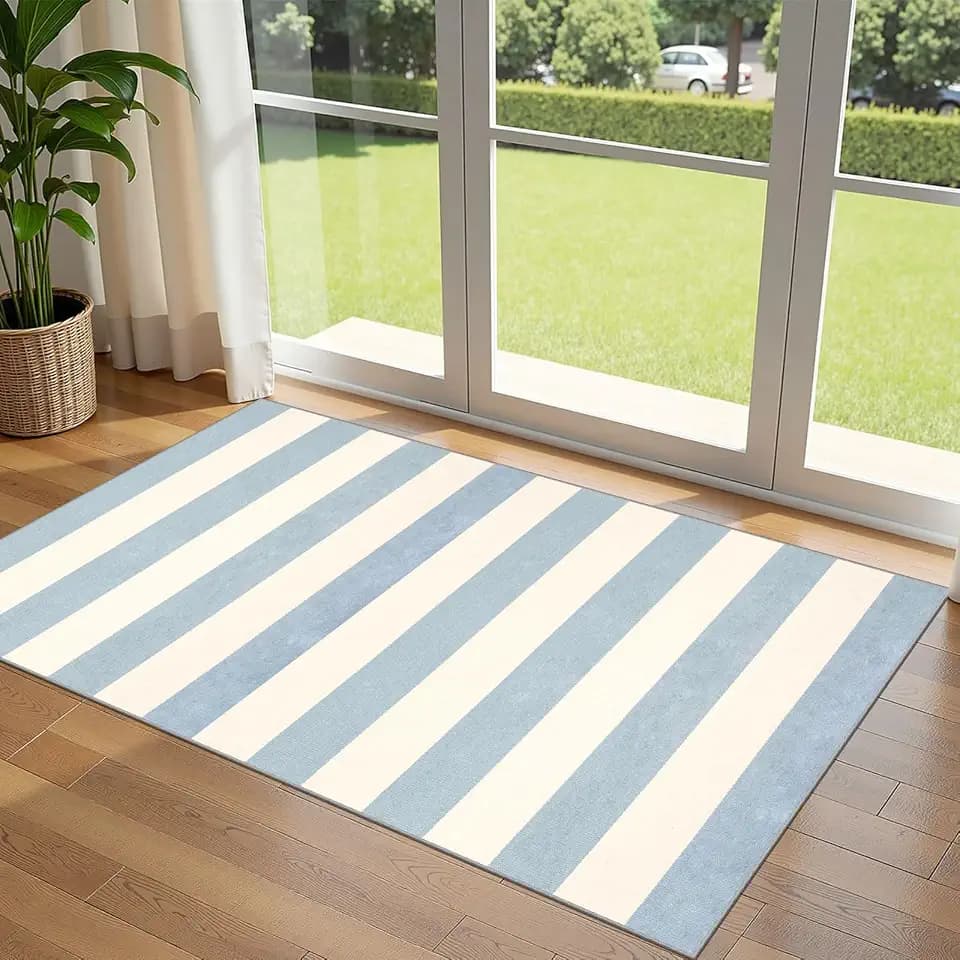 3x5 Entry Rug - Small Washable Indoor Outdoor Mats for Front Door Non-Slip Porch Rug Summer Blue White Coastal Striped Throw Rugs for Bedroom Entryway Kitchen Office Mudroom Front Porch Decor