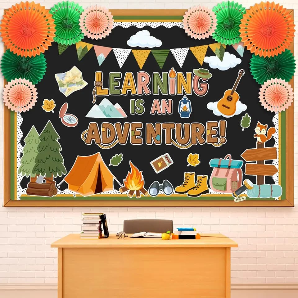 Eersida 73 Pcs Camping Bulletin Board Decorations with 3D Paper Fans