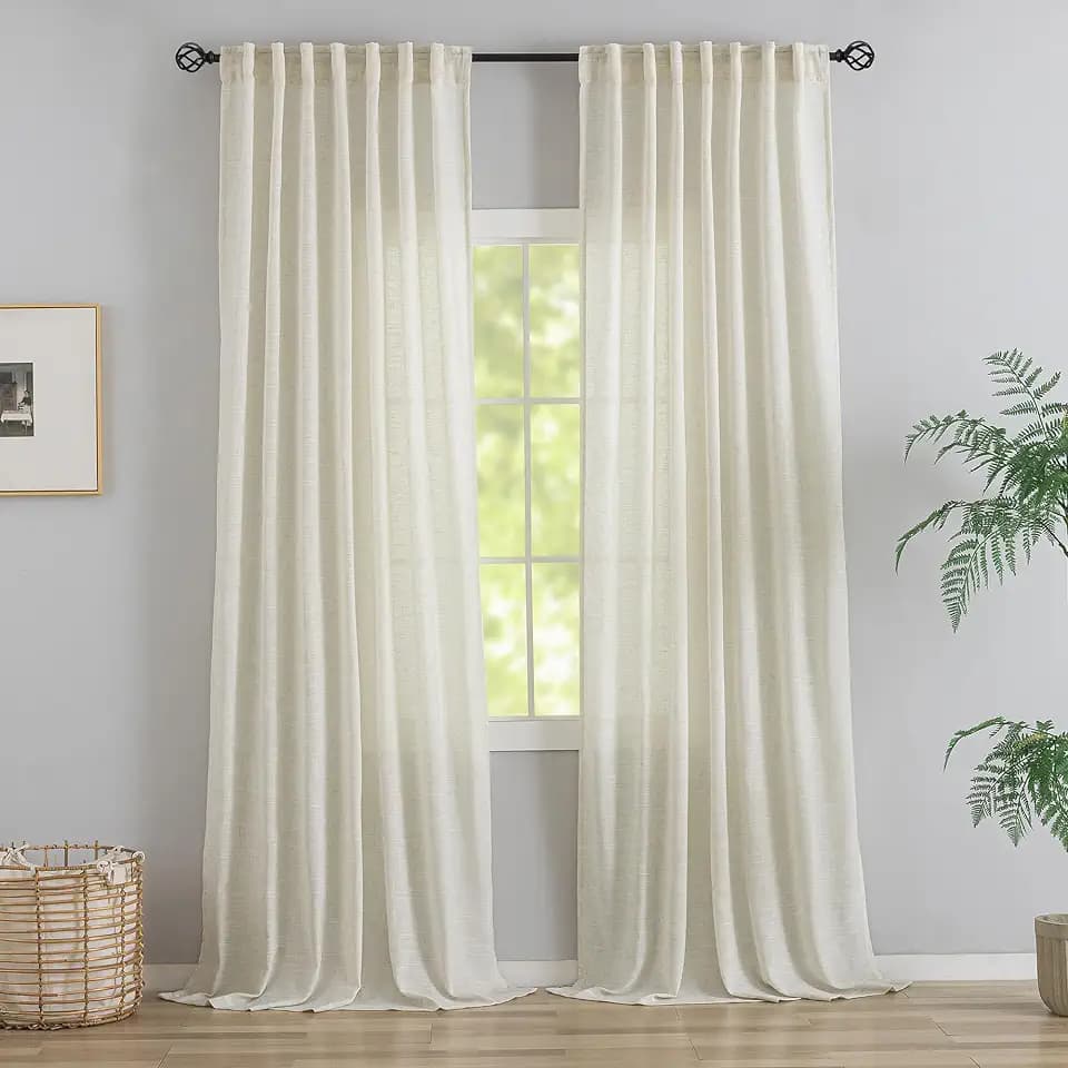 DONREN Natural Back Tab Curtains 102 Inches Long 2 Panels for Bedroom,Modern Farmhouse Hooks Belt Pleated Semi Privacy Drapes Shabby Chic Light Filtering Window Curtains W72 x L102
