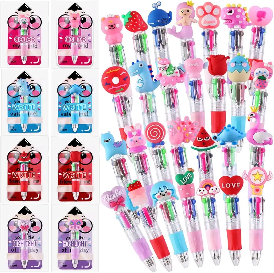 30 Pack Valentines Fun Pens with Cards Cute Multicolor 4-in-1 Gift Pens