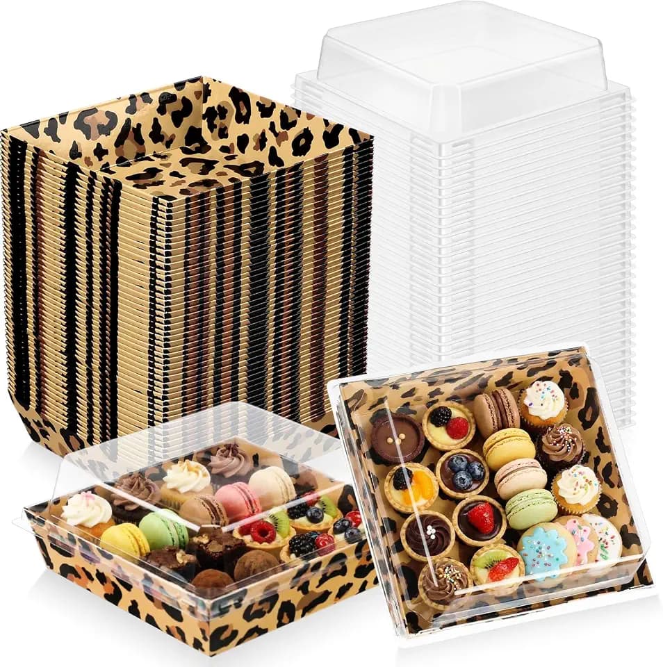 Potchen 50 Pack Bakery Boxes with Clear Lids, Leopard Print