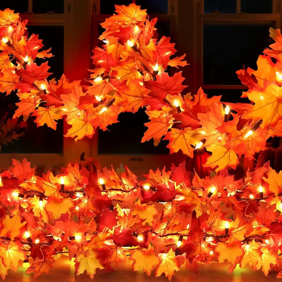 Fall Decorations Lighted Fall Garland, 9FT 50 Count Incandescent Lights Brown Wire UL Certified Connectable Maple Leaves String Lights for Home Party Fireplace Mantle Thanksgiving Decor (Orange, 9FT)