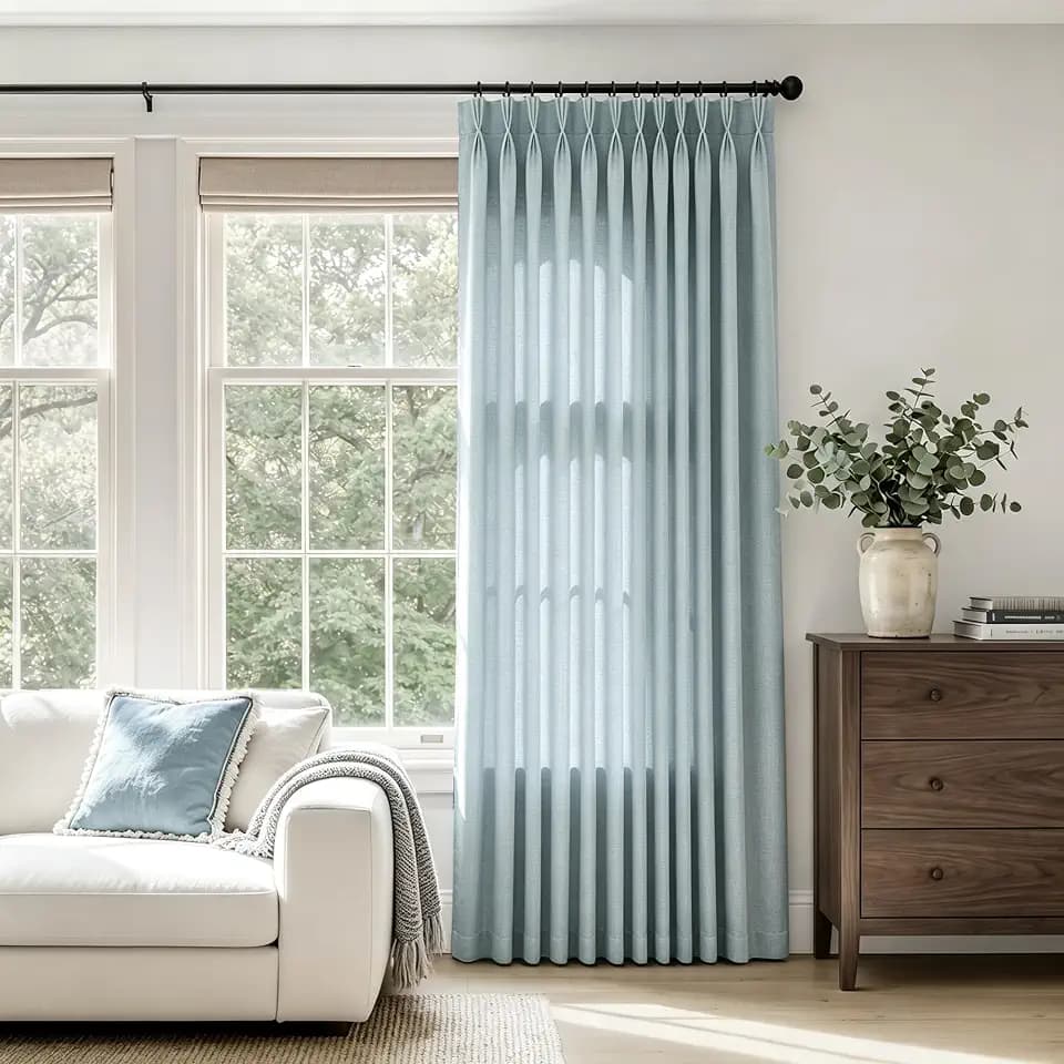 Pinch Pleated Linen Curtains 120 Inches Long for Living Room 1 panelSet Natural Dusty Blue Triple Pleated Drapes for Track System Neutral Boho Ceiling Floor Length 120 Inch High Window Curtain 10 FT