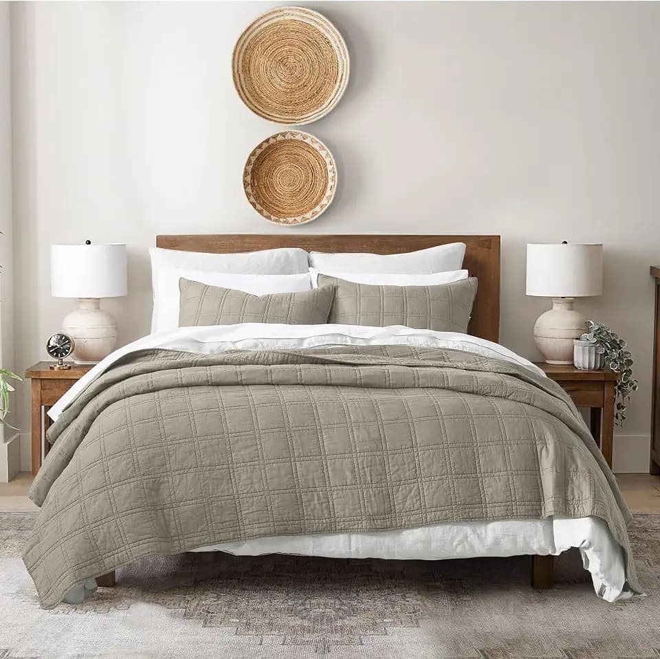 HORIMOTE HOME 100% Cotton Quilt Set King Size, Taupe Pre-Washed Bedspreads Coverlet Set in Geometric Pattern, Cozy Lightweight Stitching Decorative Bedding Cover with 2 Shams for All Season