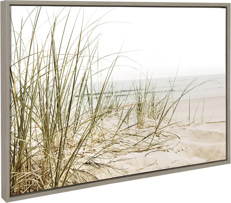 Kate and Laurel Sylvie Calming Beach Grass Framed Canvas Wall Art by The Creative Bunch Studio; 23x33 Gray; Coastal Grassy Beach Landscape Art for Wall