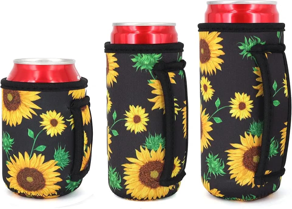 3 Pack Reusable Can Sleeve with Handle, Black Sunflower