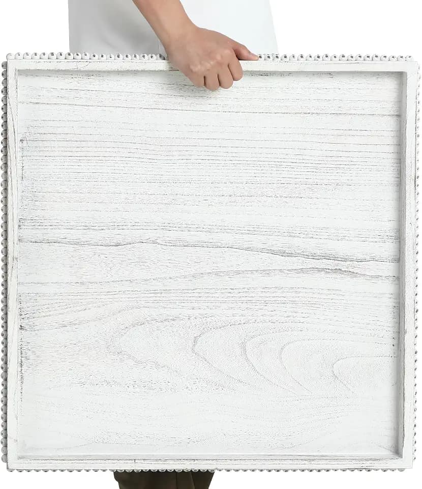 Extra Large Ottoman Tray Square Wood Bead Edge, 24 x 24 Inch, White