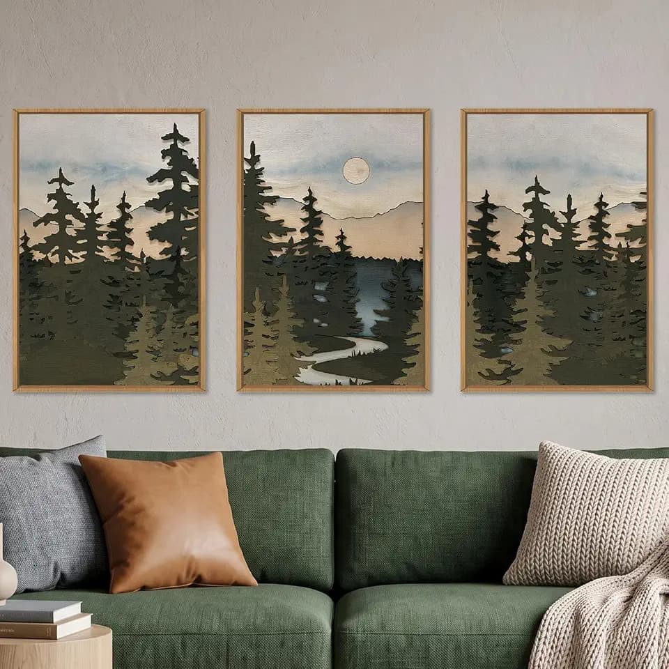 HPNIUB Large Boho Woodcut Mountain Framed Wall Art Set -16"x24"x3