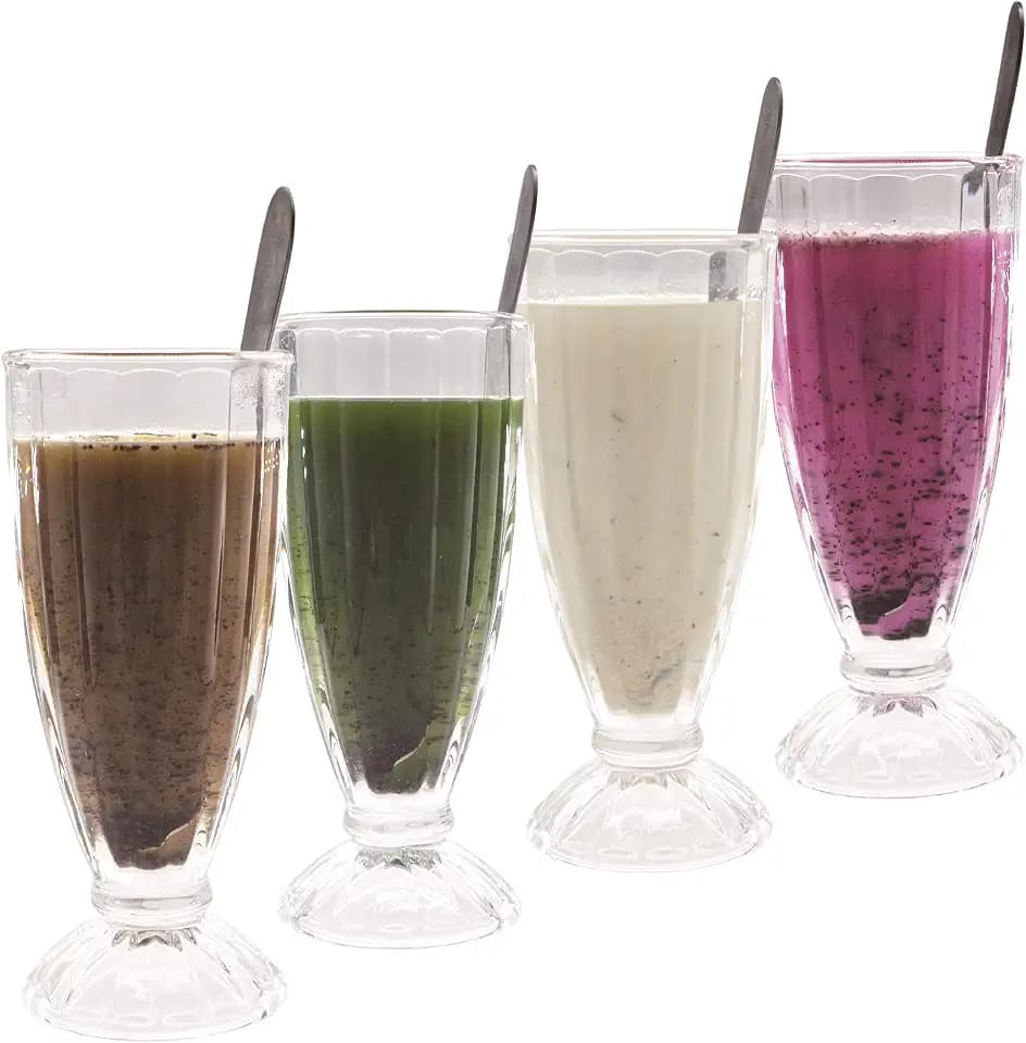 Chefcaptain Fountain Shoppe Classic, Milk Shake, Ice Cream Soda Glass (4 PACK 12 OZ With Spoons) Fountain style, Durable Material, Zero Lead, Sundae Glasses (Clear)