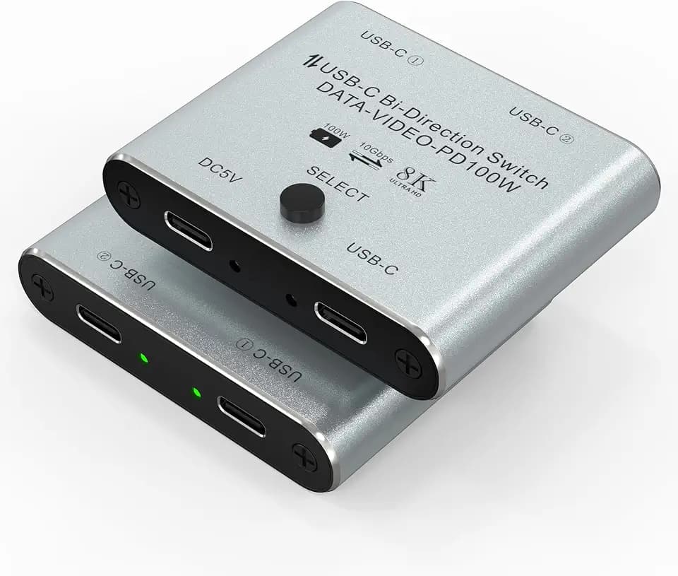 Bidirektionaler 8K USB C Switcher USB C Switch 2 in 1 Out / 1 in 2 Out - Typ C KVM Switch Splitter für 8K@60Hz/4K@120Hz Videoübertragung + 100W Aufladen + 10Gbps Daten, mit Ladekabel