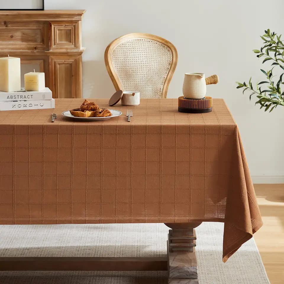 ZeeMart Linen Checked Rectangle Table Cloth 52x70 Inch Caramel