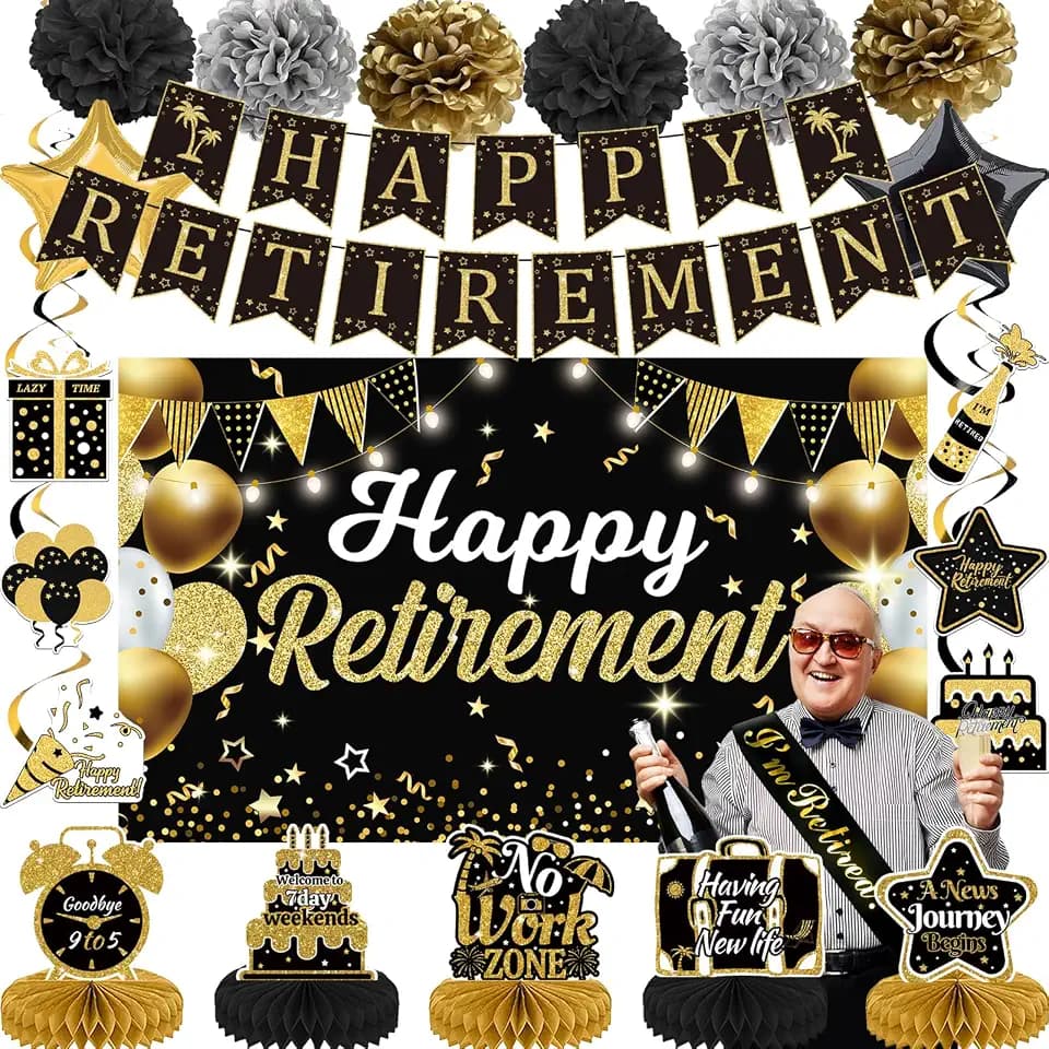 22Pcs Retirement Party Decorations for Men Women, Black and Gold Happy Retirement Banner, Poster, Sash, Balloons, Honeycomb Centerpieces - Retirement Party Supplies for Farewell Goodbye Party