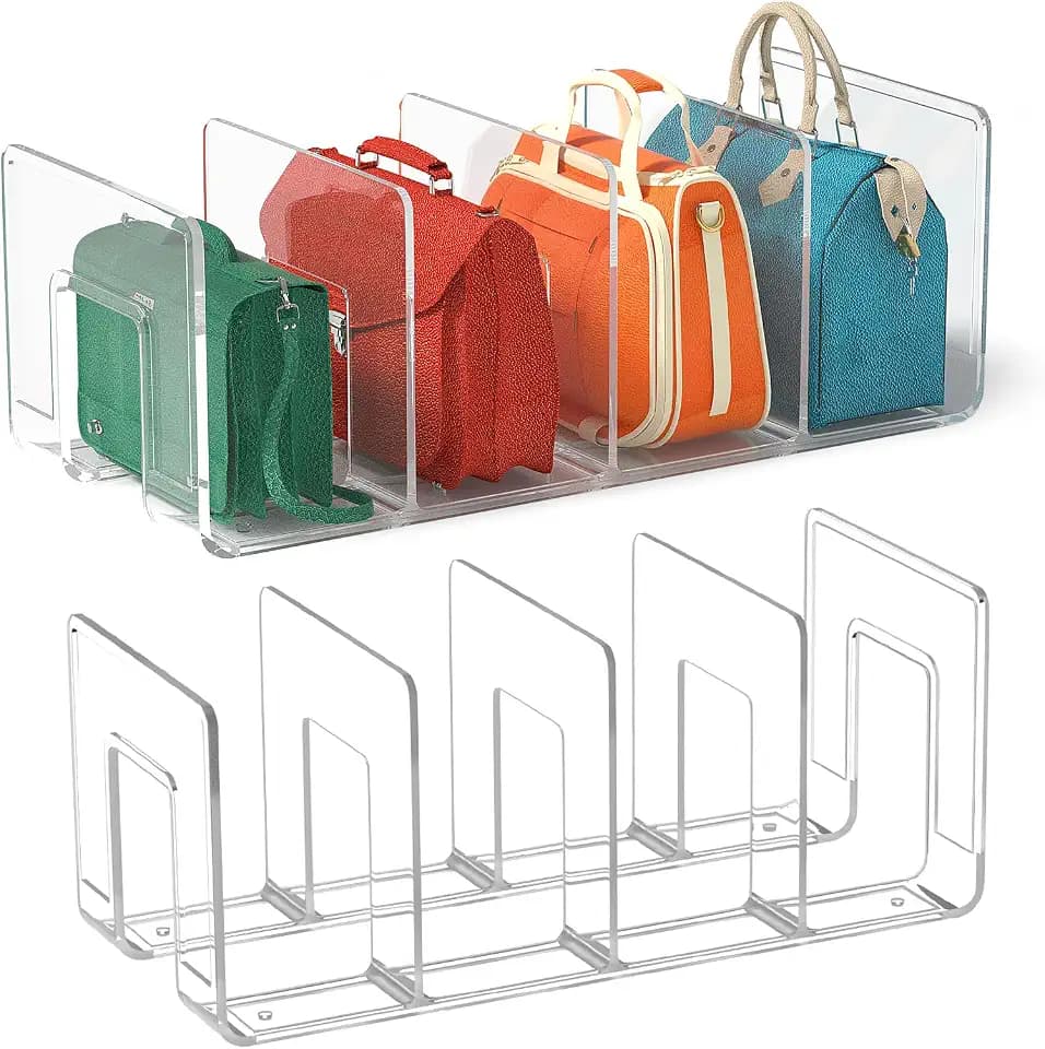 Noleja 2pcs Clear Plastic Purse Handbag Organizer 4 Sections Bag Closet Shelf Divider Purse Display Stand Handbag Storage Organizer Clear Desk File Sorter Stand Holder Bookshelf (4)