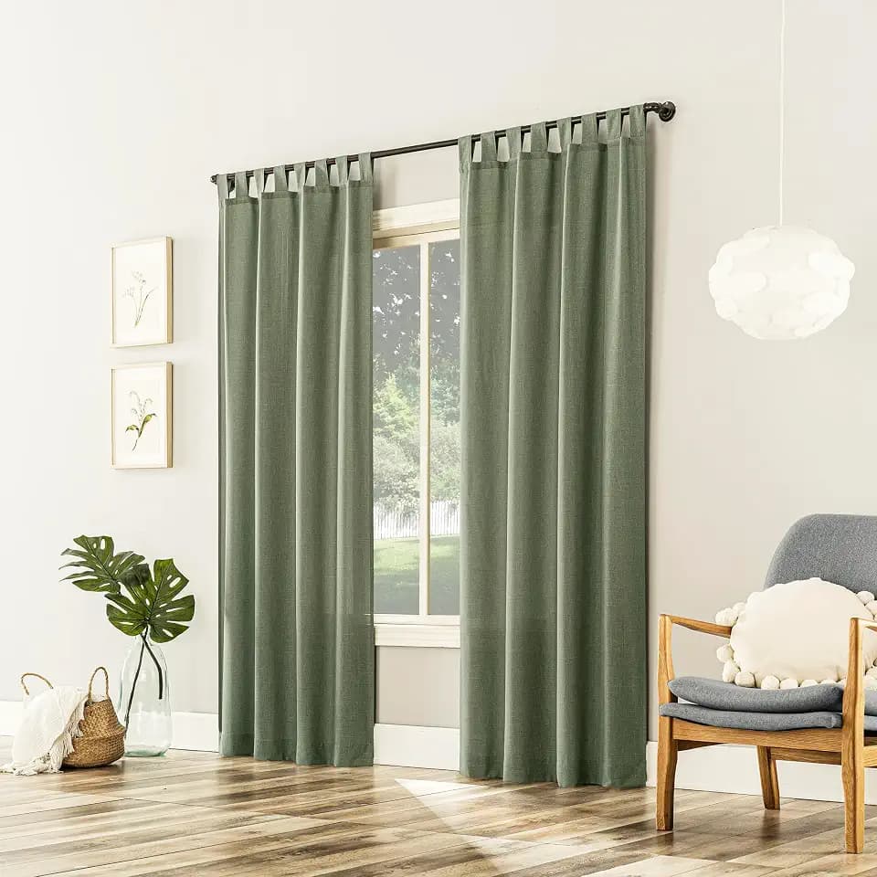 No. 918 Trevor 2-Pack Heathered Linen Texture Semi-Sheer Tab Top Curtain Panel Pair, 40" x 84, Moss Green