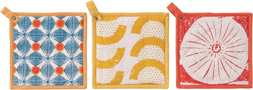 Creative Co-Op 3-Piece Cotton Pot Holder Set with Pattern, Multicolor