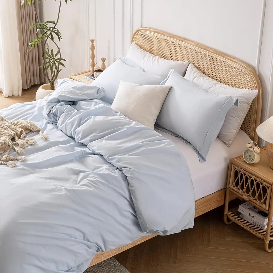 Yibeizi Light Blue 100% Washed Cotton Linen Like Duvet Cover Set Queen Size