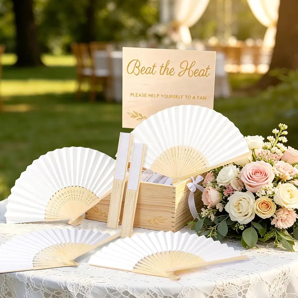Aodaer 60 Pcs White Hand Fans Paper Wedding Fans with Wooden Storage Box