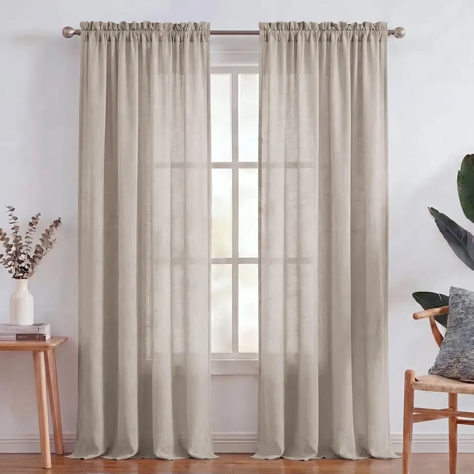 Turquoize Linen Sheer Curtains Natural Linen Semi Sheer Curtains White 96 Inches Long Light Filtering Burlap Curtain 2 Panels Rod Pocket Window Treatments Panels/Drapes, Privacy Assured, Taupe
