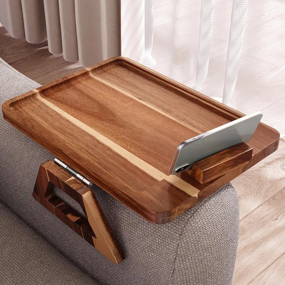Acacia Wood Folding Couch Arm Tray with 360° Phone Holder