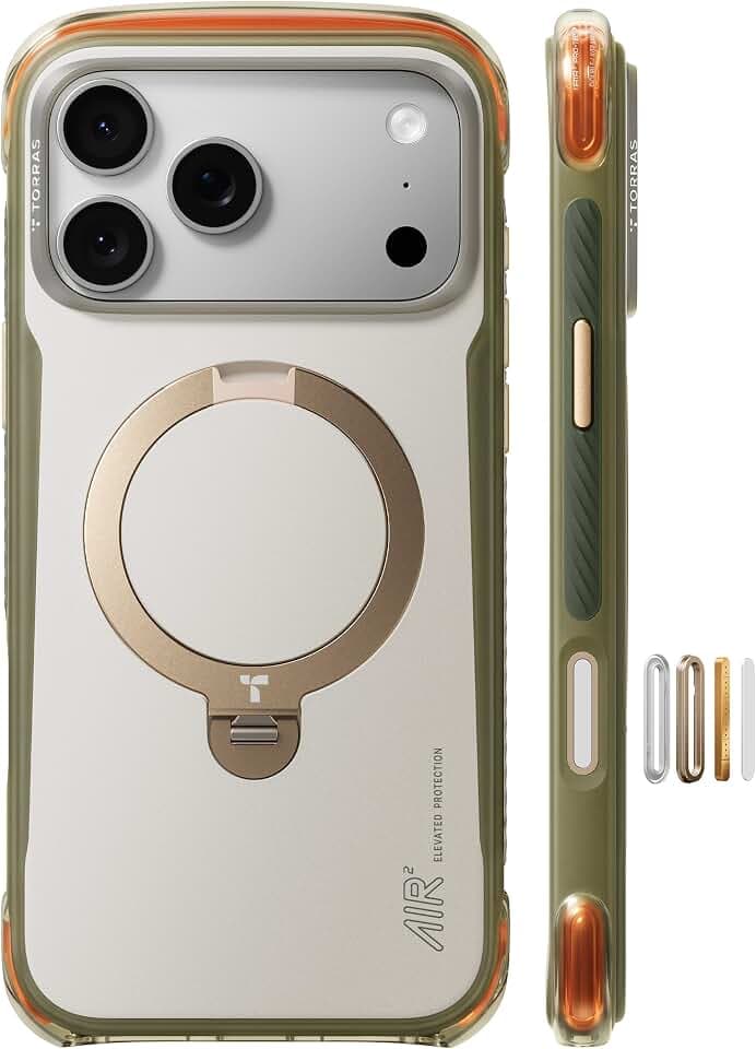TORRAS Ostand Q3 Air Pro für iPhone 17 Pro Hülle - Alpine Frost | Air Duet™️ Schutzsystem mit doppelter Airbag-Struktur, 360° Aluminium-Ständer mit MagSafe, Mattes Anti-Fingerprint Design