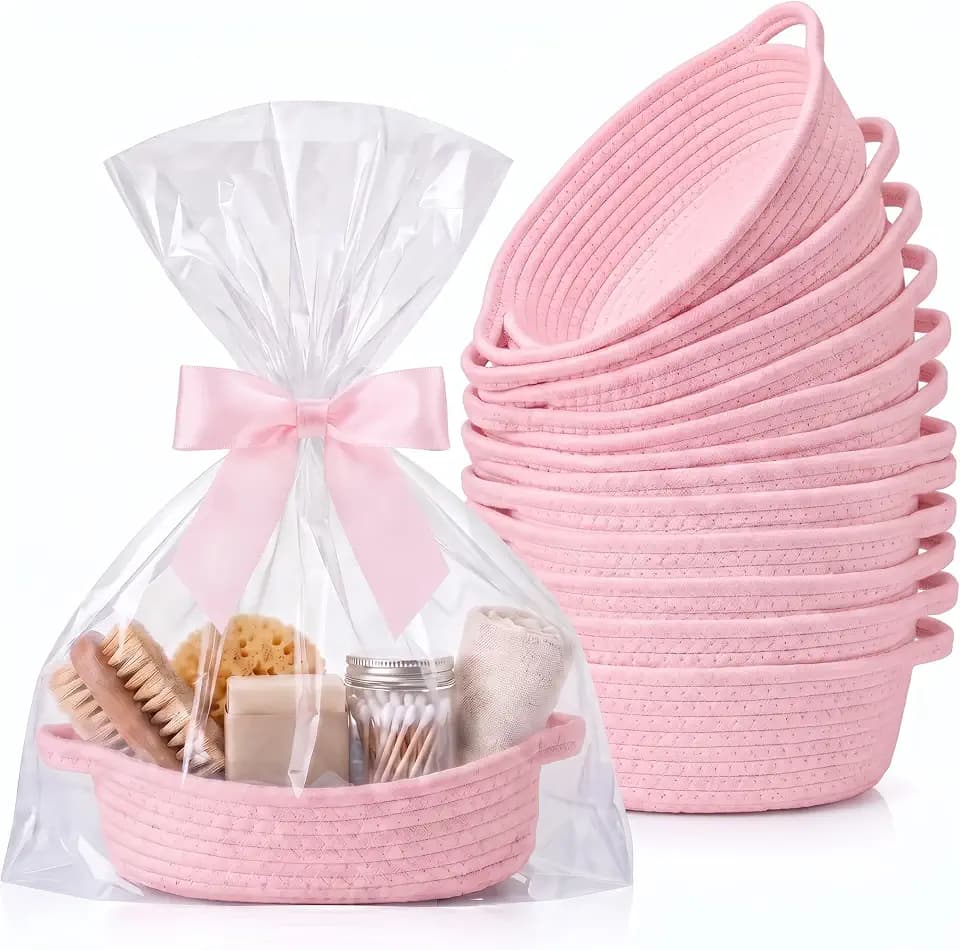 Pink 12 Set Small Woven Gift Basket with Gift Bags Ribbons Empty Gifts Baskets Woven Rope Storage Basket with Handles for Birthday Baby Shower Nursery Toy Organizer 9.1"x 5.1" x 2.8"