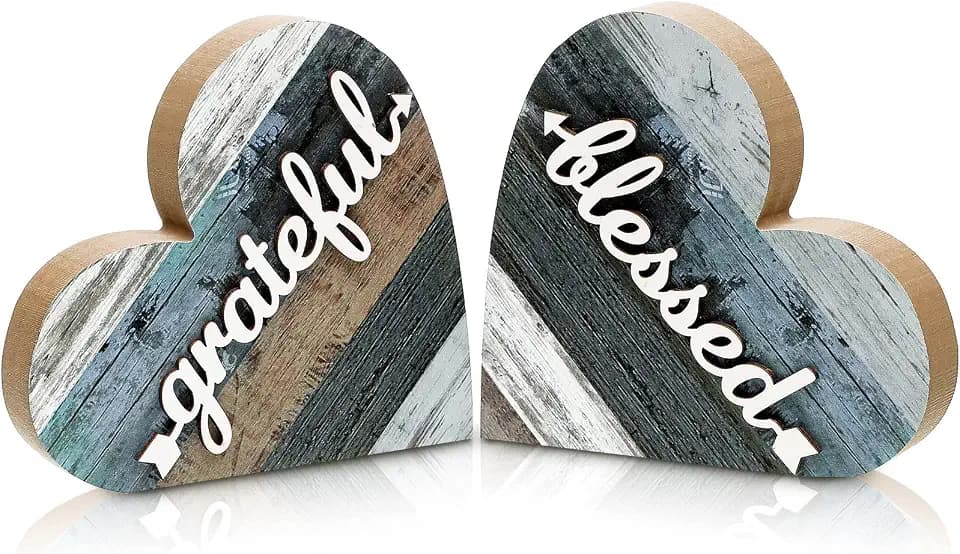 Jetec 2 Pcs Rustic Farmhouse Wooden Heart Block Home Decor, Grateful Style