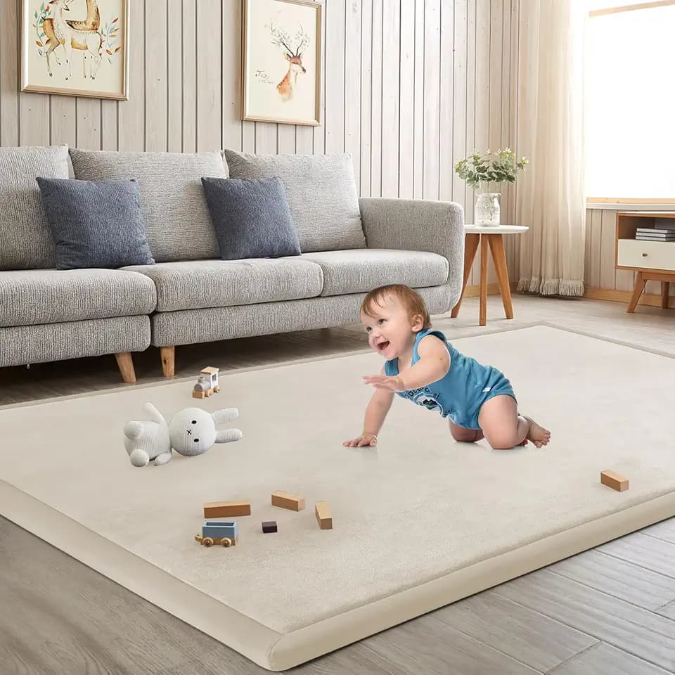 Baby Play Mat for Floor Nursery Rug Muscle Mat Area Rug Playroom Rug 47"x47" Playpen Mat Elastic Foam 1.3" Thick Crawling Mat for Babies,Toddlers, Infants, Kids,A Beige