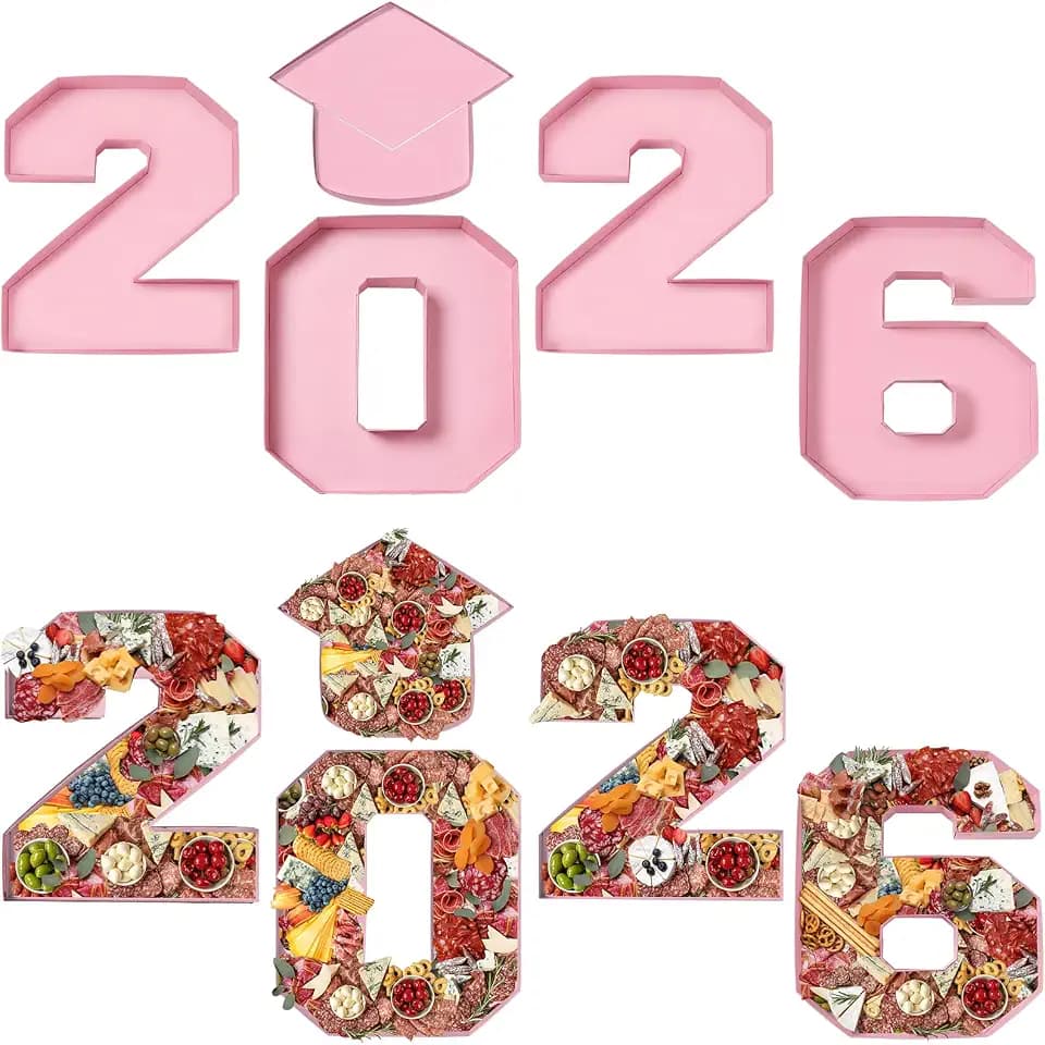 Tellingyou 5 Pcs 14.6" 2026 Graduation Charcuterie Number Fillable Cardboard Box Food Tray for Graduation Party Number Grad Hat Fillable Tray Chocolate Candy Party Supplies(Light Pink)