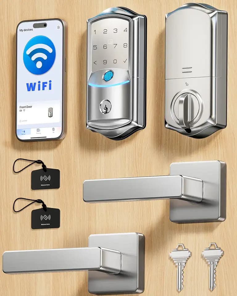 Veise VE027-L WiFi Smart Lock with Handles Set for Front Door, Satin Nickel