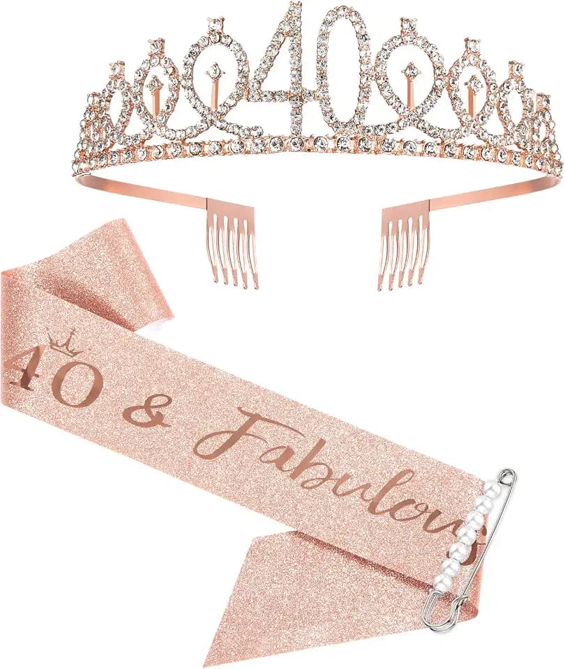 40th Birthday Sash and Tiara for Women - Rose Gold Crown & Fabulous Sash - Birthday Gifts for Party Favor Supplies