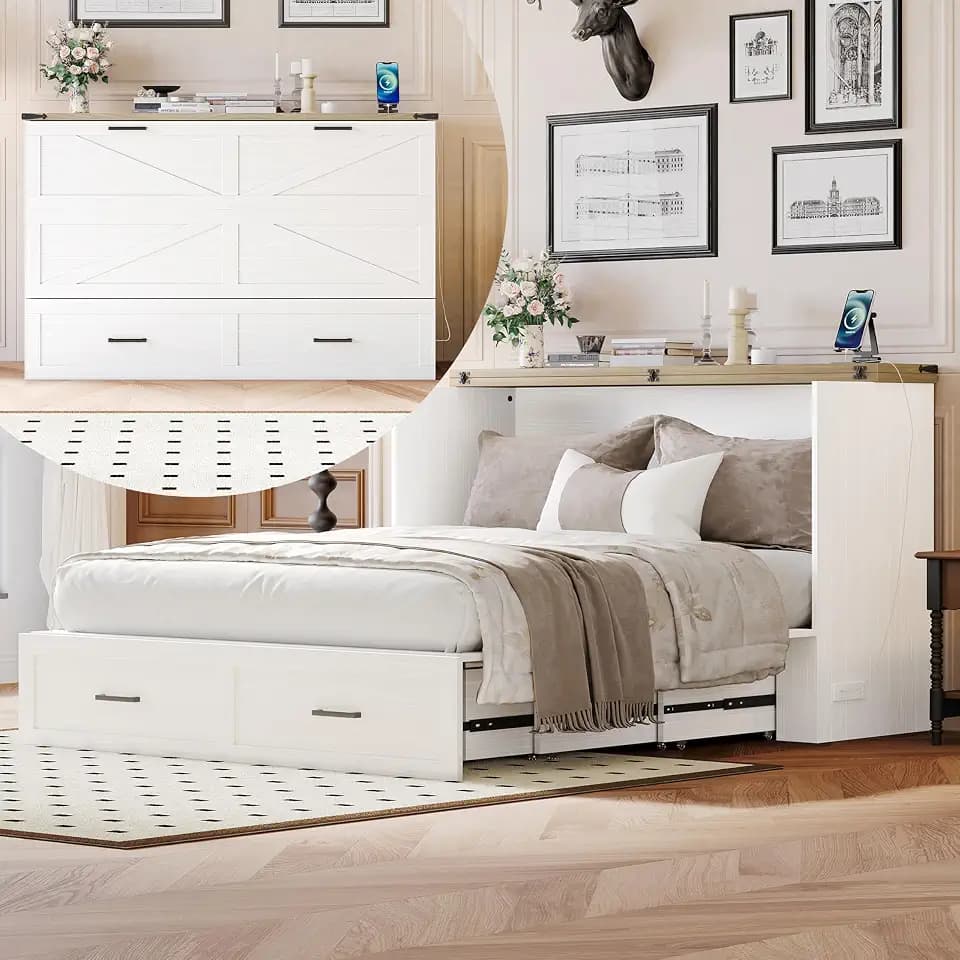 Merax Modern Farmhouse Solid Wood Murphy Cabinet Bed with Charging Station, Foldable Wall Platform Bed with Storage Drawer/No Box Spring Needed/Easy Assemble/Queen, White