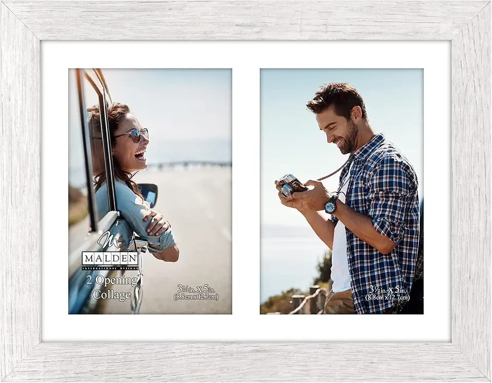 Malden International Designs 2 Opening 3.5 x 5 inch Driftwood Linear Picture Frame Matte Variegated White Quality MDF