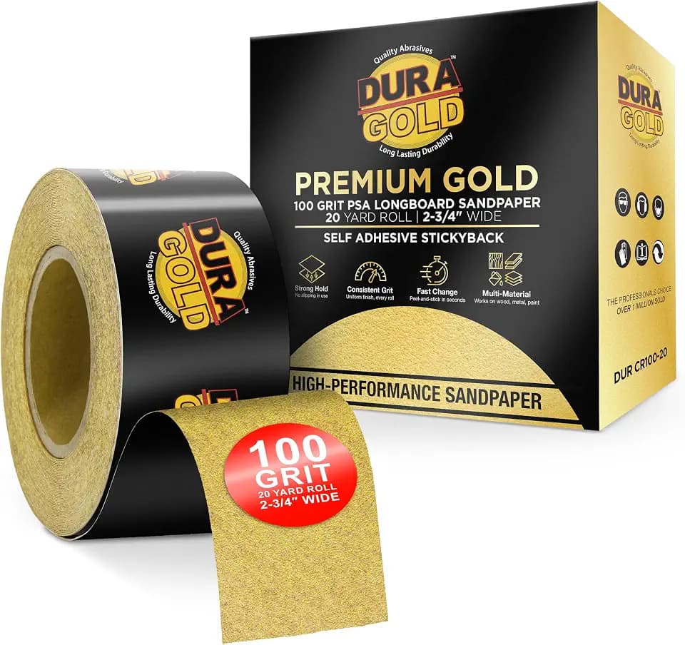 Dura-Gold Gold PSA Longboard Sandpaper, 100 Grit, 20 Yard Roll, 2-3/4" Wide