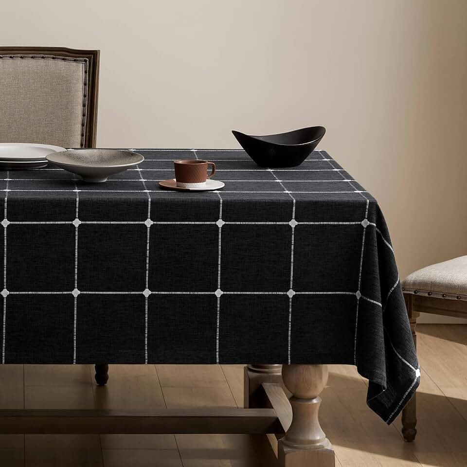 ZeeMart Grid Embroidered Rectangle Hemmed Tablecloths 60x84in, Charcoal