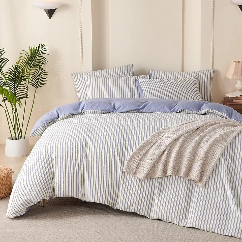 Striped Comforter Queen Blue Soft Luxury Washed Microfiber Jacquard 3 Pieces Bedding, White Blue Vertical Ticking Stripes Pattern Comforter with 2 Pillowcases Breathable Durable Comfy