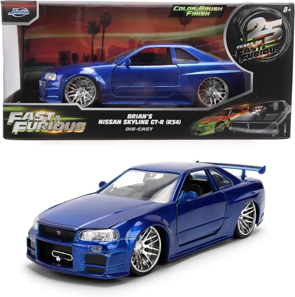 Jada Toys Fast & Furious 1:24 Scale Anniversary Edition 1999 Nissan Skyline GT-R (BNR34) Die-Cast Car – Blue Brush Metal Finish with Opening Hood, Doors, and Trunk